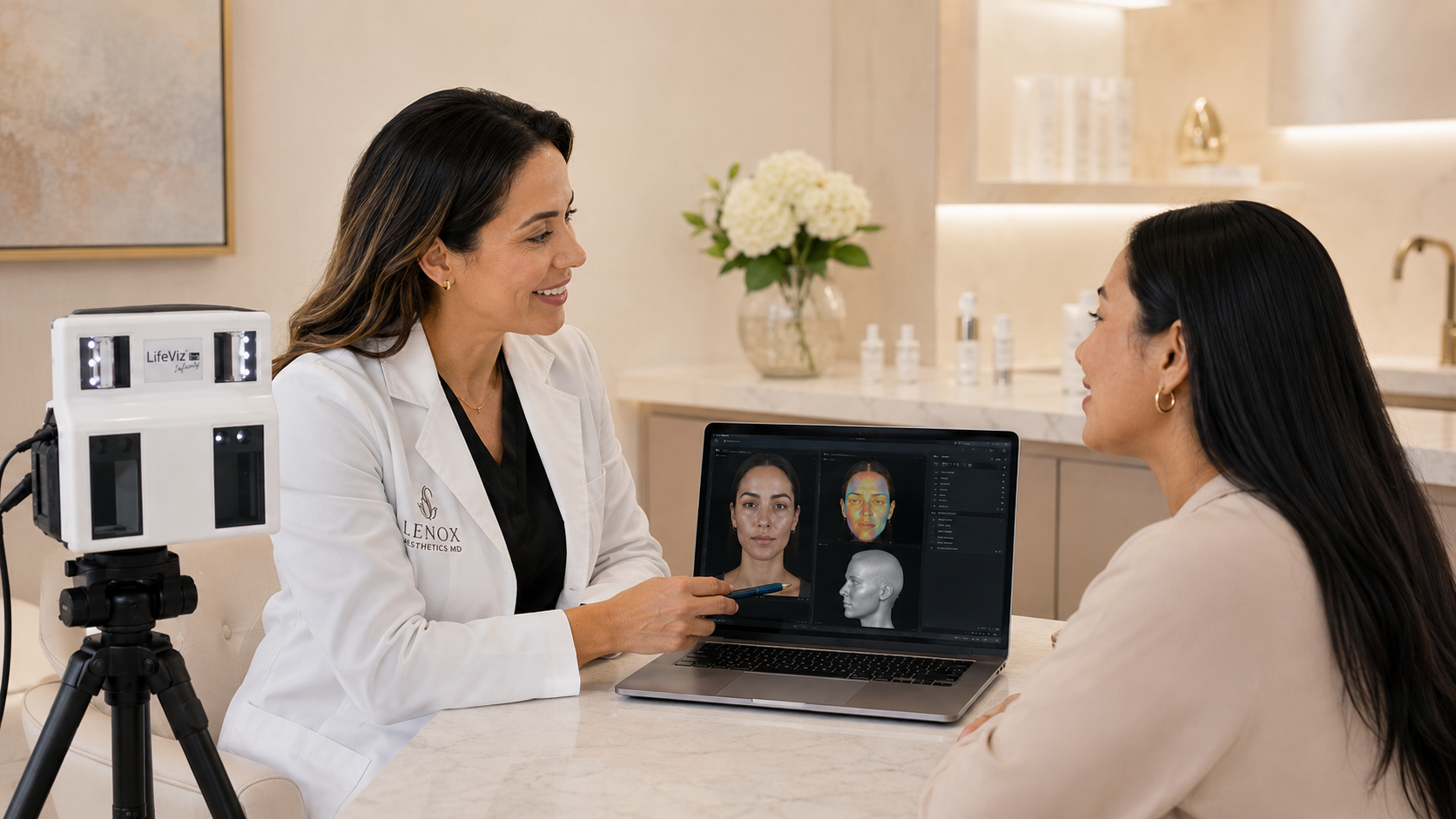 LifeViz consultation with physician, patient, and 3D imaging display